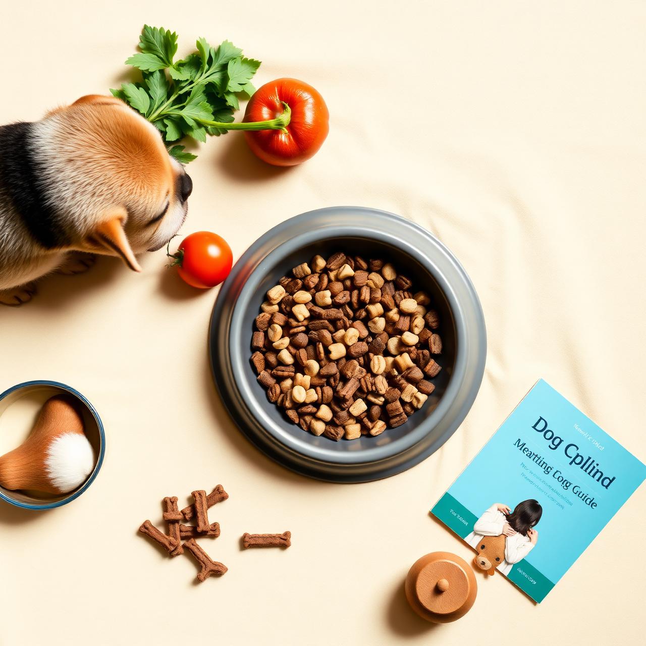 Hond met voedingskom en verse ingrediënten
